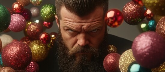 Handsome bearded man with intense expression surrounded by colorful festive ornaments against a neutral background at a celebration event