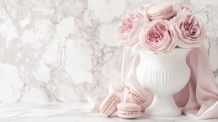 Canvas Print - Marshmallows and macaroons arranged in a porcelain vase with pink roses on a light marble surface in an elegant dessert display