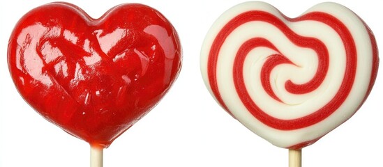 Sticker - Heart-shaped lollipops on a white background showcasing vibrant red and white swirled candy design ideal for Valentine's Day promotions.