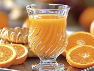 Wall Mural - A glass of orange juice with fresh oranges and pastries on a table.