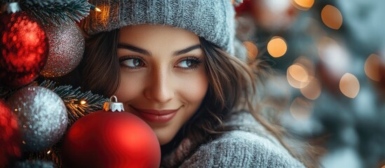 Young woman smiles while decorating a Christmas tree with colorful ornaments in a cozy home setting during the holiday season