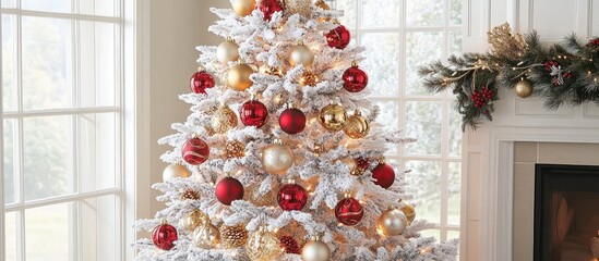 Red and gold festive ornaments adorning a beautifully decorated white Christmas tree in a cozy interior setting