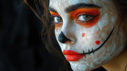 Young woman with artistic Halloween face paint showcasing vibrant colors and intricate designs against a dark background.