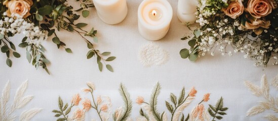 Sticker - Elegant wedding accessories featuring candles, boutonnieres, and floral arrangements arranged on an embroidered towel for a romantic setting.