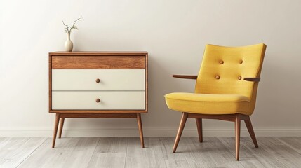 Sticker - Bright minimalism interior featuring a stylish modern commode and a vintage yellow chair creating a warm and inviting atmosphere.