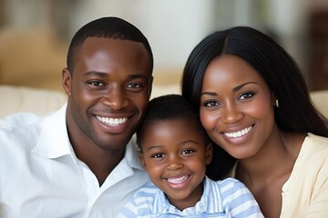 A bright and cheerful stock photo featuring a happy family of three father, mother, and child sitting together on a comfortable sofa in a cozy,