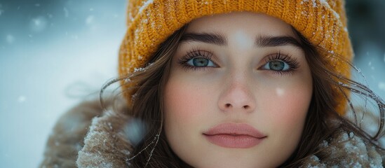 Cheerful young woman in cozy winter attire with hat and coat, smiling amid snowflakes outdoors near a house in a serene winter setting.