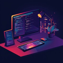 Poster - Website programming and coding. Web development and coding. 3D Vector Illustrations.