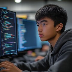 Poster - Concept of computer programming or developing software or game. Vector 3d illustration with coding symbols and programming windows. Concept of Information technologies and computer engineering.