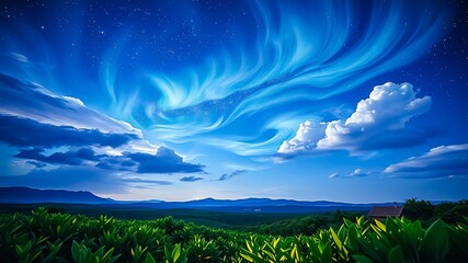 Wall Mural - Serene Night Landscape Whimsical Aurora Borealis Swirling Above Lush Green Fields and Distant Mountains under a Starry Sky