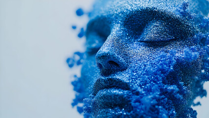 Wall Mural - A close-up of blue particles forming the shape of an abstract face, symbolizing artificial intelligence. The background is white, and there are no other elements in the image.