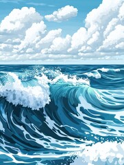 Wall Mural - Sea waves background. Ocean wave pattern, water surface or beach landscape. Cartoon sky white clouds, blue splashes recent vector illustration