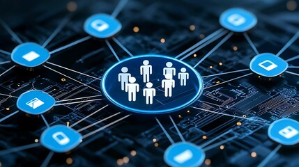 Wall Mural - life insurance policy future. a digital network connecting people through icons, symbolizing communi