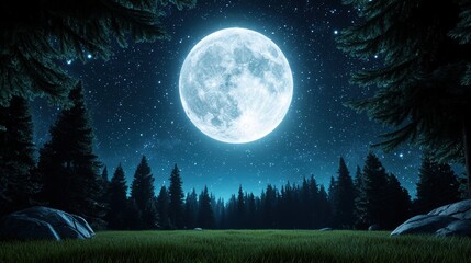 Wall Mural - a large, luminous full moon hangs high in a clear night sky, casting a cool, silver glow over a tran
