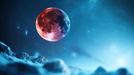 Wall Mural - a close up shot of a blood moon during a total lunar eclipse, its surface glowing a deep, coppery re