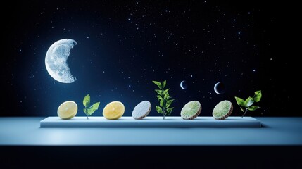 Wall Mural - a creative representation of the moon phases using different objects, such as fruit, cookies, or eve