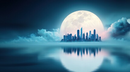 Wall Mural - a surreal image of a city skyline inverted and reflected on the surface of a giant, full moon, creat