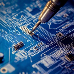 Leinwandbilder - Electronic components and tools on an engineering blueprint for circuit board design.