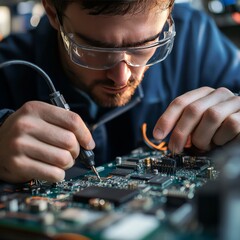 Poster - Electronic board, magnifying glass and tweezers on background of  schematic circuit diagram. Concept for development and design of electronic devices.