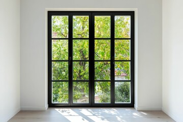 Sticker - Large black-framed window, leafy green view, light floor.