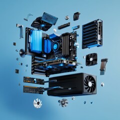 Poster - flying parts of a modern computer. hardware components mainboard cpu processor graphic card RAM cables and cooling fan flying out of black blue PC case on isolated abstract technology background