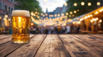 A close-up of an empty wooden table with blurred people celebrating Oktoberfest in the background.