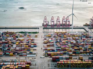 Aufkleber - Cargo container port on seaside at sunrise