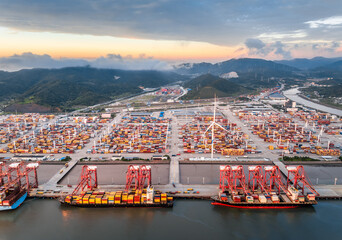 Aufkleber - Aerial view of container port and seaside natural scenery at sunrise