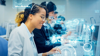 Poster - operator, call center, woman, headset, system, engineer, network, global, customer center, telemarketing, gui, screen, business, software, internet, online, technology, web, remote, window, data, info