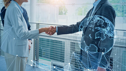 Poster - global, business, handshake, shaking hands, businessman, network, office, partner, world, earth, internationalization, marketing, communication, connection, personal connection, human resources, colle