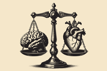 Brain and Heart on Antique Scales - Black and White Engraving Isolated on White Background, Symbolizing the Balance Between Intellect and Emotion