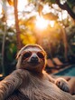 © pichitpon - A relaxed sloth wearing a lifeguard uniform, lounging by a poolside with sunglasses