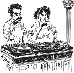 Intricate black-and-white illustration of a male and female DJ duo in retro attire, operating professional DJ equipment on a classic column-like stand. Vintage yet modern vibe.