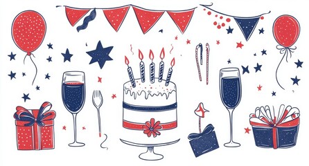 A doodle icon featuring a hand-drawn birthday cake, balloon, and event decoration. Ideal for party and carnival celebration concept backgrounds, illustrated in a modern style.