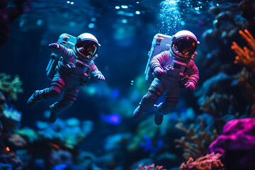 Wall Mural - Two astronauts explore an underwater world filled with vibrant corals and marine life.