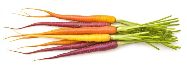 A bundle of vibrant rainbow carrots with tops, isolated white background, abstract art style