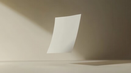 Wall Mural - Minimalist Mockup: A Single Floating White Paper Against a Beige Background, Illuminated by Soft Sunlight