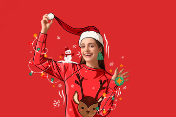 Wall Mural - Young woman in drawn Christmas sweater and Santa hat on red background