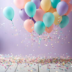 Wall Mural - Colorful balloons and confetti on wooden floor with copy space.