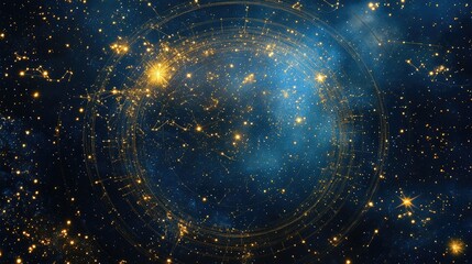 zodiac wheel of golden stars glowing in a vivid night sky full of constellations, evoking celestial 