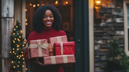 A woman joyfully walking into her home with a pile of Christmas gift boxes, her face lit up with excitement for the holidays.