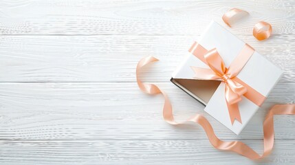 Wall Mural - Elegant White Gift Box with Soft Pink Ribbon on Wooden Surface