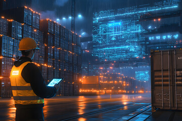 Poster - futuristic industrial cargo warehouse management shipping yard containers engineer worker tablet ove