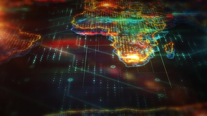 Futuristic digital world map showing africa with glowing lines and data flowing
