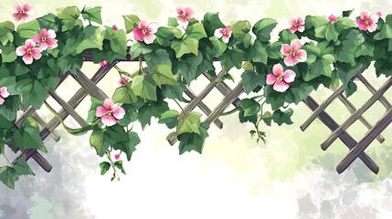 Wall Mural - Pink Flowers Blooming On Wooden Garden Trellis