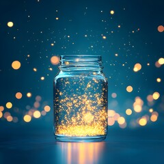 Wall Mural - Magical jar of glowing sparks against a blue backdrop