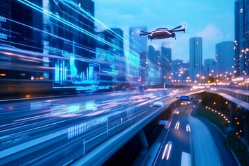 Poster - A futuristic urban skyline with holographic advertisements and flying cars.