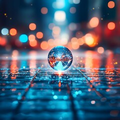 Glowing globe reflecting city lights on a wet surface