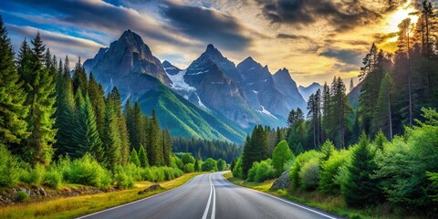 Wall Mural - Serene Asphalt Road Winding Through Majestic Mountain Forest with Peaks, Perfect for Nature Lovers and Adventurers Seeking Scenic Landscapes and Road Trip Inspiration