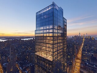 Wall Mural - Modern glass skyscraper at sunset, city skyline view.